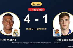TRỰC TIẾPTrực tiếp Real Madrid vs Real Sociedad: Real Madrid nới rộng c&aacute;ch biệt 4-1