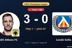 TRỰC TIẾPTrực tiếp AEK Athens FC vs Levski Sofia: Hết hiệp 1, AEK Athens FC dẫn 3-0