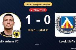 TRỰC TIẾPTrực tiếp AEK Athens FC vs Levski Sofia: AEK Athens FC mở tỷ số