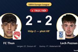 TRỰC TIẾPTrực tiếp FC Thun vs Lech Poznan: Lech Poznan gỡ hòa 2-2