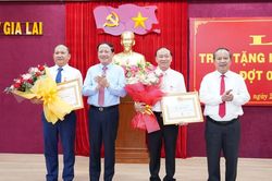 Trao Huy hiệu Đảng cho Bí thư Tỉnh ủy Thái Đại Ngọc và Phó Bí thư Thường trực Tỉnh ủy Rah Lan Chung