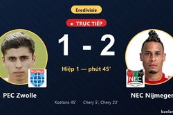 TRỰC TIẾPTrực tiếp PEC Zwolle vs NEC Nijmegen: Hiệp 2 bắt đầu, NEC Nijmegen dẫn 2-1