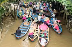 Du khách thích thú trải nghiệm xuồng ba lá, xe ngựa trên cồn Thới Sơn