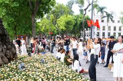 Giới trẻ thích thú check-in với thảm hoa bên Hồ Gươm