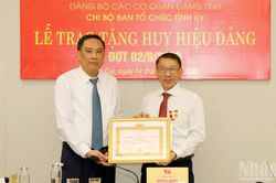 Phó Bí thư Thường trực Tỉnh ủy Lào Cai Hoàng Giang trao Huy hiệu 35 năm tuổi Đảng