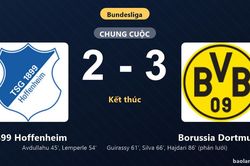 Thống kê trận đấu 1899 Hoffenheim 2-3 Borussia Dortmund: Borussia Dortmund ngược dòng ngoạn mục