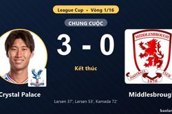 Đánh bại Middlesbrough 3-0, Crystal Palace vào vòng 1/8 League Cup khiến đối thủ bị loại