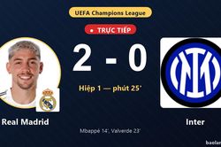 TRỰC TIẾPTrực tiếp Real Madrid vs Inter: Real Madrid nhân đôi cách biệt