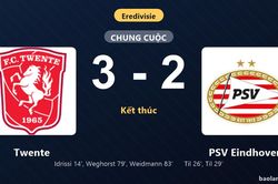 Thống kê trận đấu Twente 3-2 PSV Eindhoven: Twente ngược dòng ngoạn mục