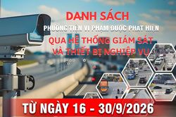 Danh sách phương tiện vi phạm giao thông được phát hiện qua hệ thống giám sát và thiết bị nghiệp vụ từ ngày 16 - 30/9/2026