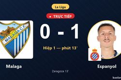 TRỰC TIẾPTrực tiếp Malaga vs Espanyol: Hiệp 2 bắt đầu, Espanyol dẫn 1-0