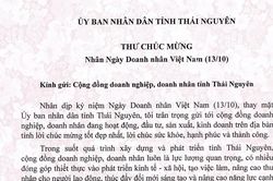 Chủ tịch UBND tỉnh Thái Nguyên gửi thư chúc mừng cộng đồng doanh nhân