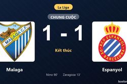 Thống kê trận đấu Malaga 1-1 Espanyol: Hai đội chia điểm