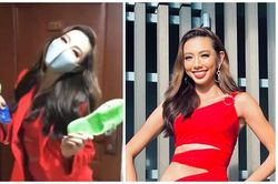 Thùy Tiên tặng dép tổ ong cho bạn tại Miss Grand International