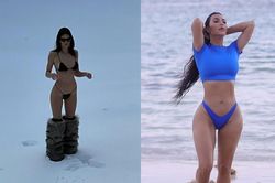 Chị em nhà Kardashian 'đại chiến sexy': Kim khoe vòng 3 phồn thực, Kendall diện bikini bé xíu trên tuyết