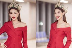 Hoa hậu Thùy Tiên diện váy đỏ rực, khoe vai trần quyến rũ khi đi ghi hình ngày cuối năm