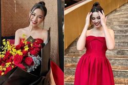 Hoa hậu Đỗ Thị Hà diện váy cúp ngực đỏ rực, khoe vai trần đẹp hút hồn