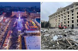 Hình ảnh tương phản về các công trình ở Ukraine trước và sau khi bị trúng bom