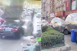 Chiếc sedan bị bẹp dúm bởi vật khổng lồ từ trên trời rơi xuống