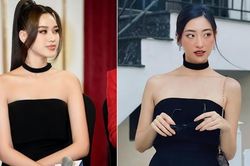 Hoa hậu Đỗ Thị Hà, Lương Thùy Linh đẹp gợi cảm khi 'đụng' váy đen khoe vai trần