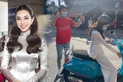 Thùy Tiên diện áo dài trắng, 'đèo' chủ tịch Miss Grand bằng xe máy siêu dễ thương