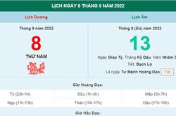 Lịch âm 8/9, xem lịch thứ Năm ngày 8 tháng 9 năm 2022 là ngày tốt hay xấu?