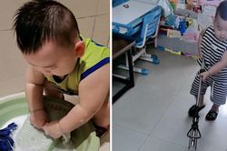Bé 2 tuổi biết giặt quần áo, bê đồ như người lớn