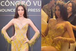 Hoa hậu Thùy Tiên mếu môi bất lực vì để lộ bụng mỡ ngay ở sự kiện