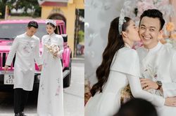 Hoa hậu Lê Âu Ngân Anh duyên dáng với áo dài trắng, tình tứ bên chú rể
