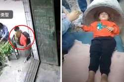 Bé trai Trung Quốc kẹt đầu vào cối đá trong lúc tập trồng cây chuối