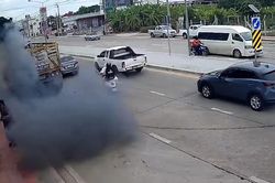 Lốp xe phát nổ bắn lên trời như tên lửa ở Thái Lan