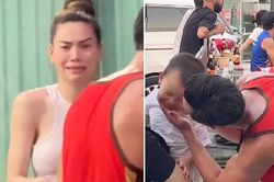 Hà Hồ dẫn các con tới cổ vũ Kim Lý thi đấu, biểu cảm nhăn nhó khi được hôn gây xôn xao