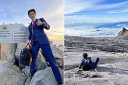 Mặc comple, đi giày da, người đàn ông chinh phục đỉnh núi cao 4.095m