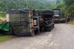 Xe đầu kéo 'đứt thùng', gỗ tràn ra đường