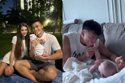 Lộ ảnh Bùi Tiến Dũng chăm con thay vợ chuẩn ông bố của năm