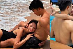 Bùi Tiến Dũng và vợ Tây ôm ấp thân mật bên bờ biển