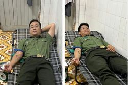 2 đo&agrave;n vi&ecirc;n C&ocirc;ng an x&atilde; Ph&uacute; Thuận kịp thời hiến m&aacute;u cứu người