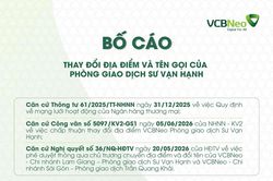 VCBNeo bố cáo thay đổi địa điểm và tên gọi của PGD Sư Vạn Hạnh