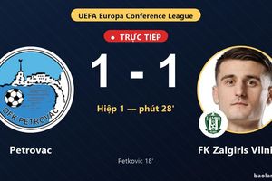 TRỰC TIẾPTrực tiếp Petrovac vs FK Zalgiris Vilnius: Petrovac gỡ hòa 1-1