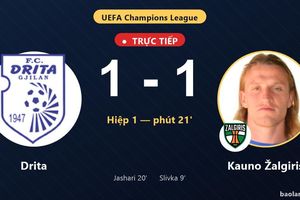 TRỰC TIẾPTrực tiếp Drita vs Kauno Žalgiris: Drita gỡ hòa 1-1