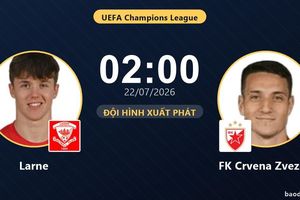 TRỰC TIẾPTrực tiếp Larne vs FK Crvena Zvezda: Đội hình xuất phát