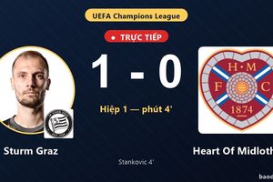 TRỰC TIẾPTrực tiếp Sturm Graz vs Heart Of Midlothian: Hết hiệp 1, Sturm Graz dẫn 1-0