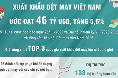 Xuất khẩu dệt may Việt Nam năm 2025 ước đạt 46 tỷ USD, tăng 5,6%