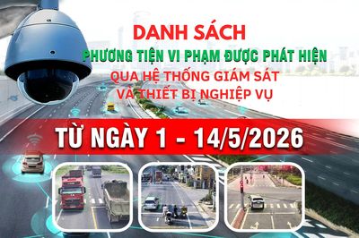 Danh sách phương tiện vi phạm giao thông được phát hiện qua hệ thống giám sát và thiết bị nghiệp vụ từ ngày 1-14/5/2026