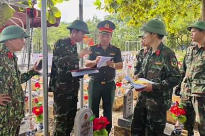 Lấy mẫu phẩm hài cốt liệt sĩ chưa xác định thông tin tại Nghĩa trang liệt sĩ quốc gia Đường 9