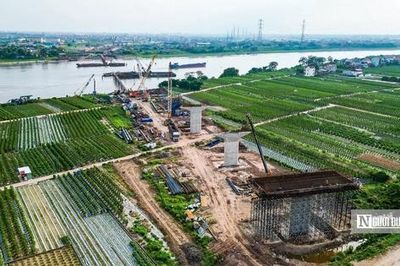 Loạt hạng mục cây cầu gần 4.900 tỷ đồng nối Hà Nội - Hưng Yên lộ diện sau 9 tháng thi công
