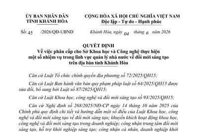 Từ ngày 17-6, Sở Khoa học và Công nghệ tỉnh Khánh Hòa được phân cấp thực hiện một số nhiệm vụ về đổi mới sáng tạo
