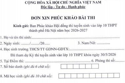 Mẫu đơn phúc khảo điểm thi lớp 10 Hà Nội năm 2026