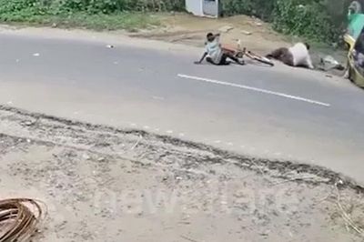 Quay đầu thiếu quan sát, người đi xe đạp khiến xe ba bánh lật nhào giữa đường