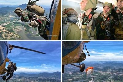 Xem chiến sĩ đặc công lao mình ra khỏi máy bay, bung dù giữa bầu trời Hòa Lạc